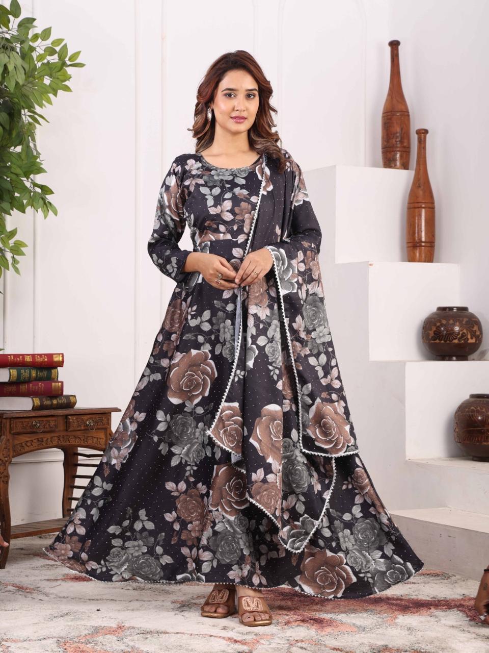 Midnight Bloom Floral Anarkali Gown for Women