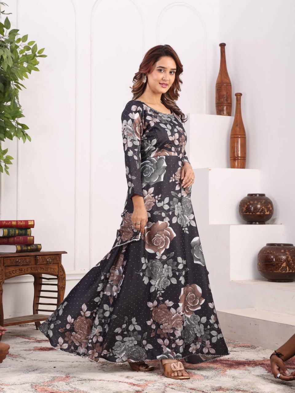 Midnight Bloom Floral Anarkali Gown for Women
