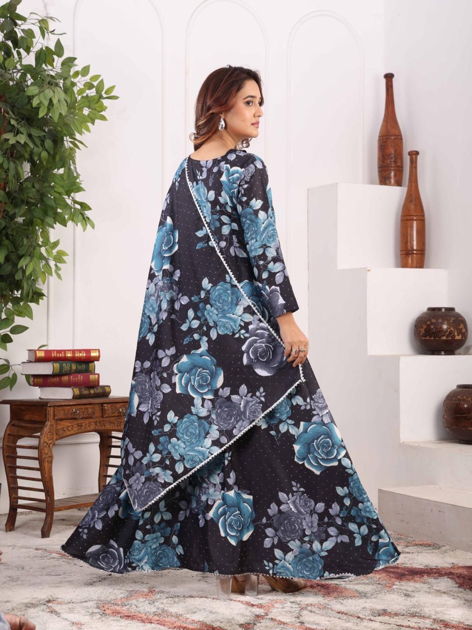 Midnight Bloom Floral Anarkali Gown for Women