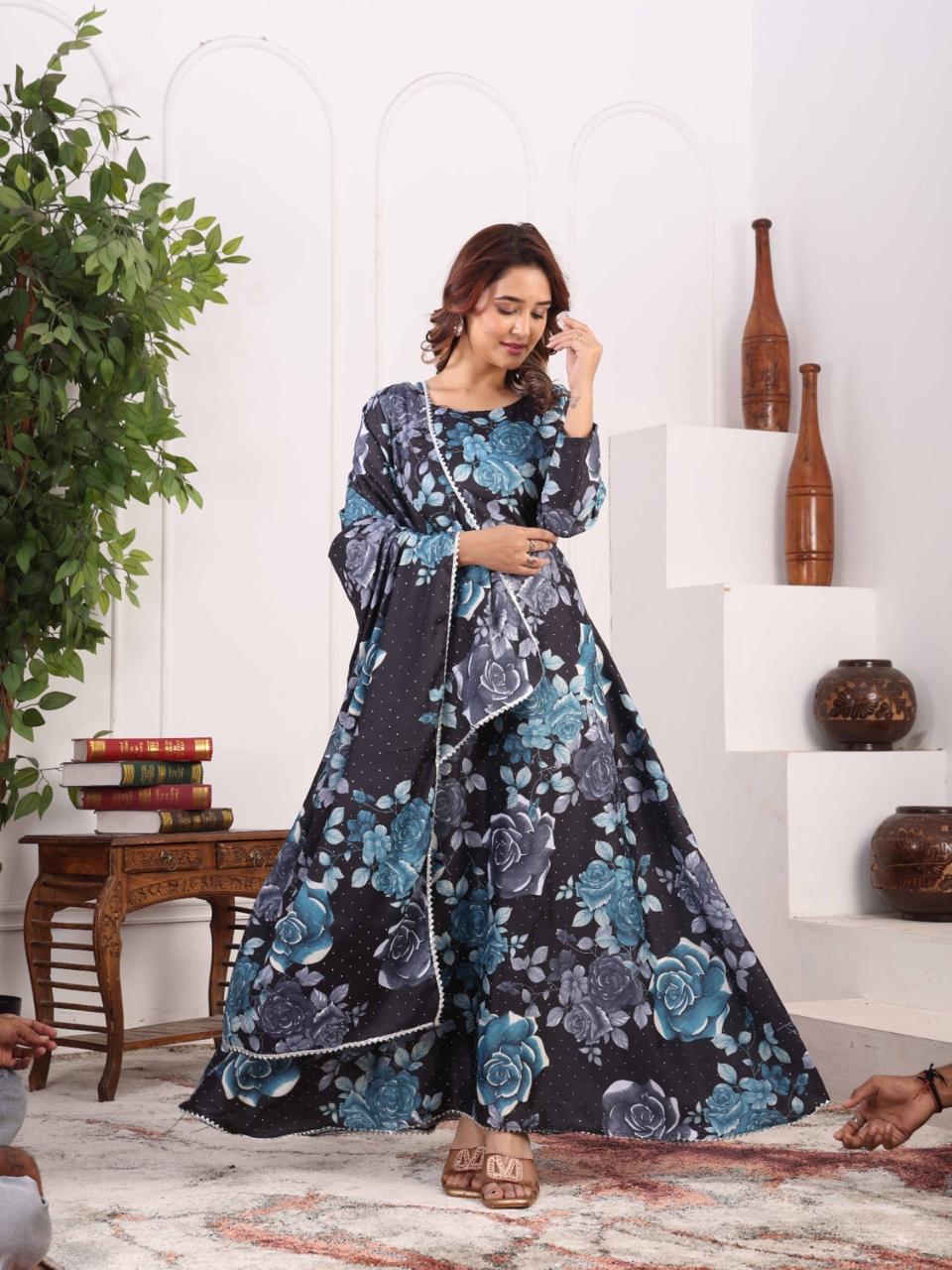 Midnight Bloom Floral Anarkali Gown for Women
