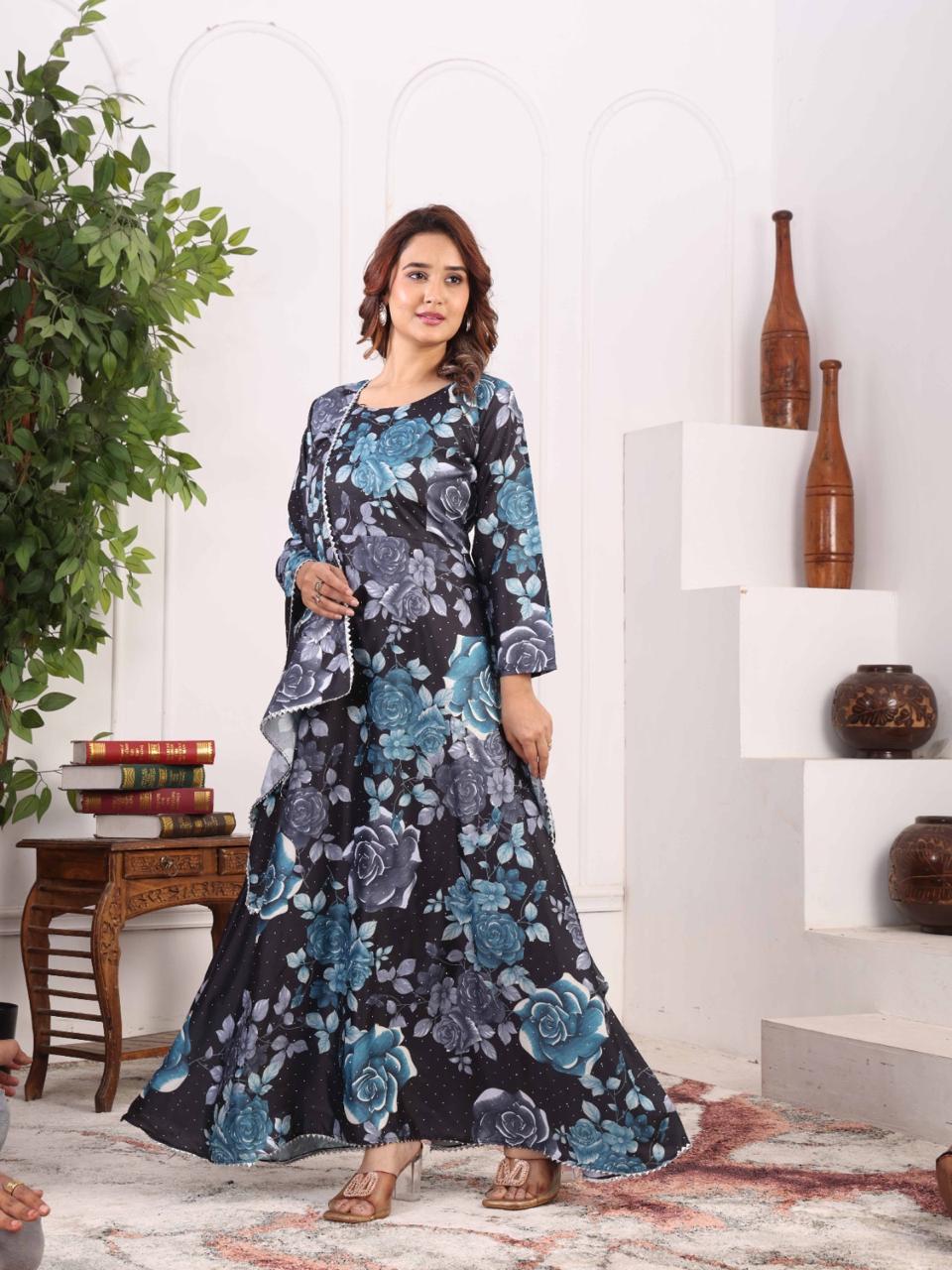 Midnight Bloom Floral Anarkali Gown for Women