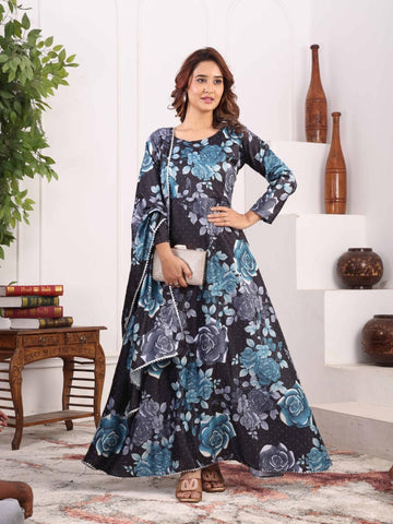 Midnight Bloom Floral Anarkali Gown for Women