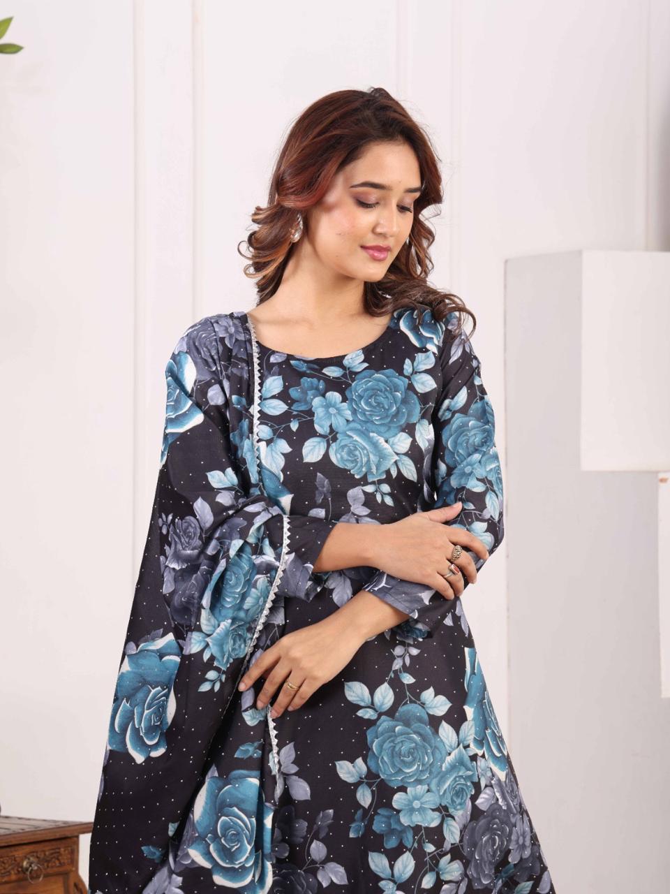 Midnight Bloom Floral Anarkali Gown for Women