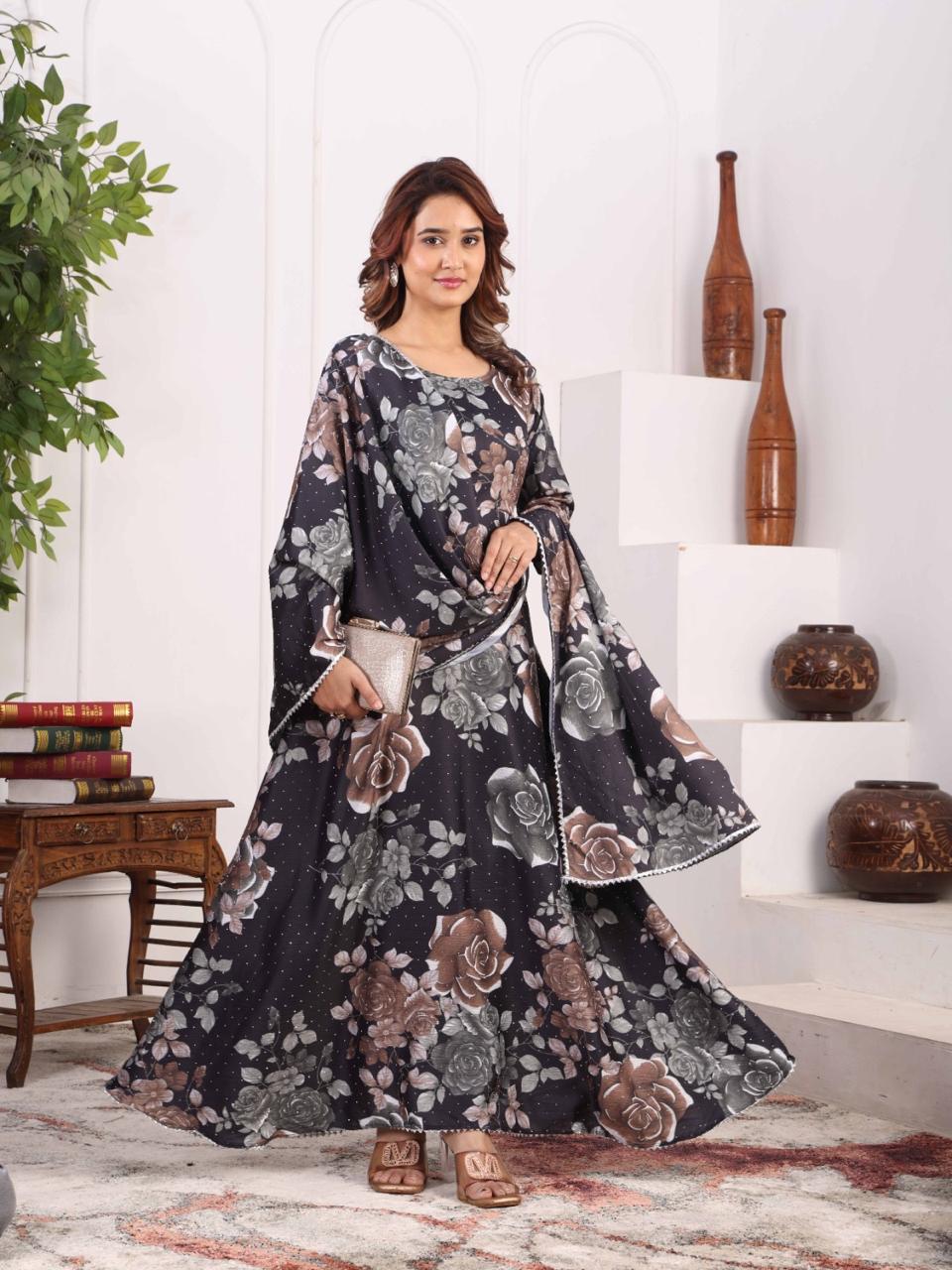 Midnight Bloom Floral Anarkali Gown for Women