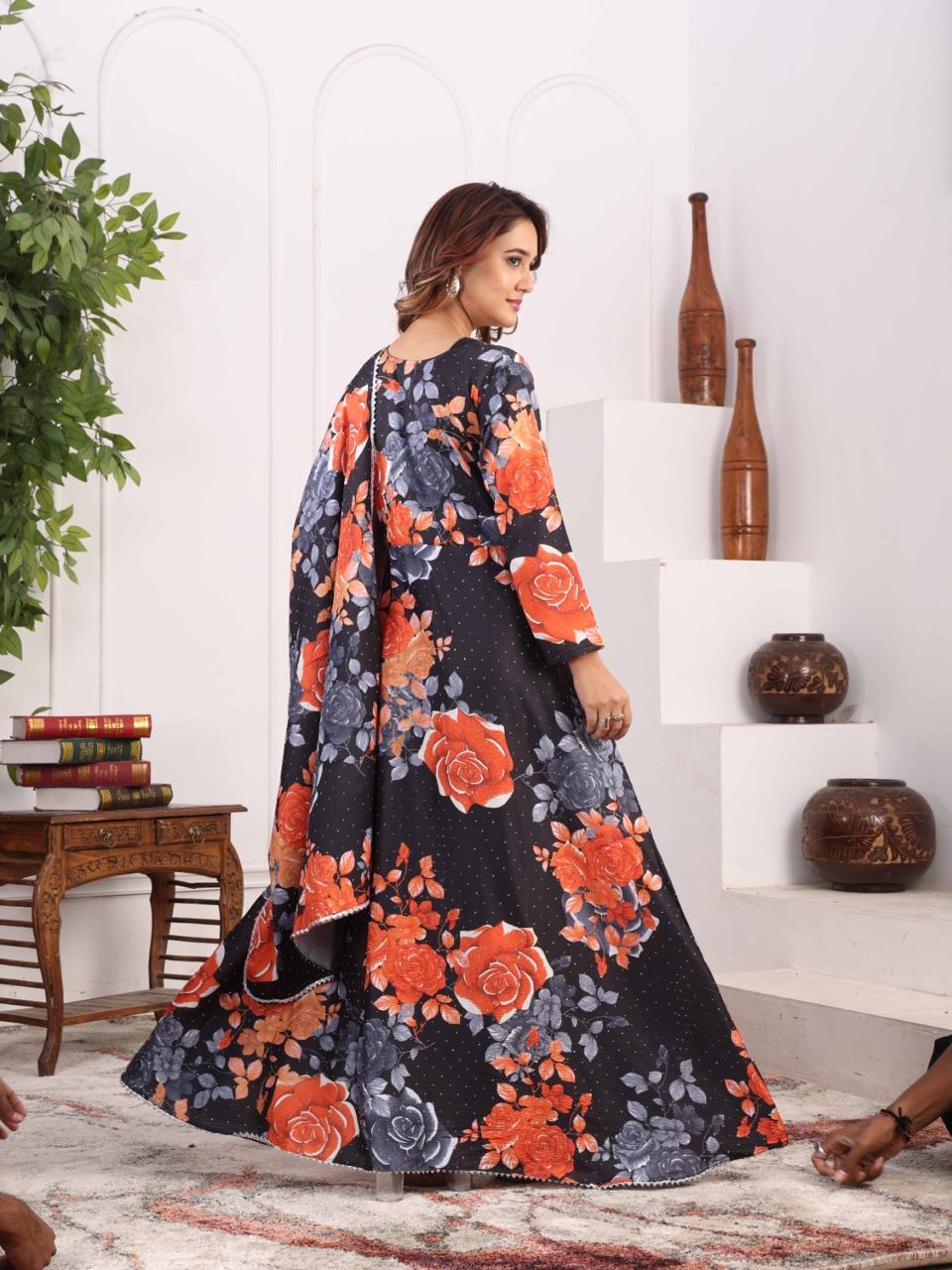 Midnight Bloom Floral Anarkali Gown for Women