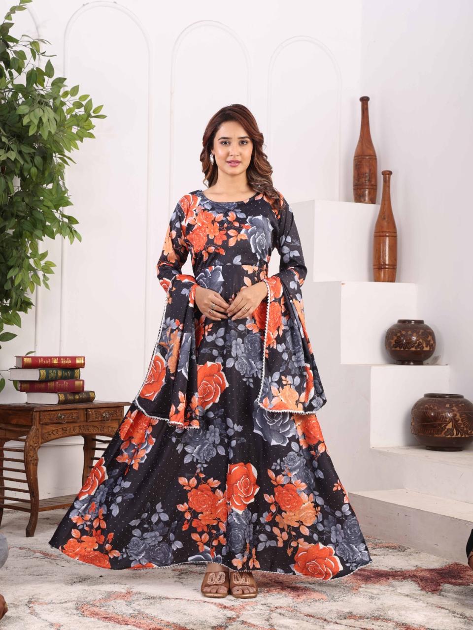 Midnight Bloom Floral Anarkali Gown for Women