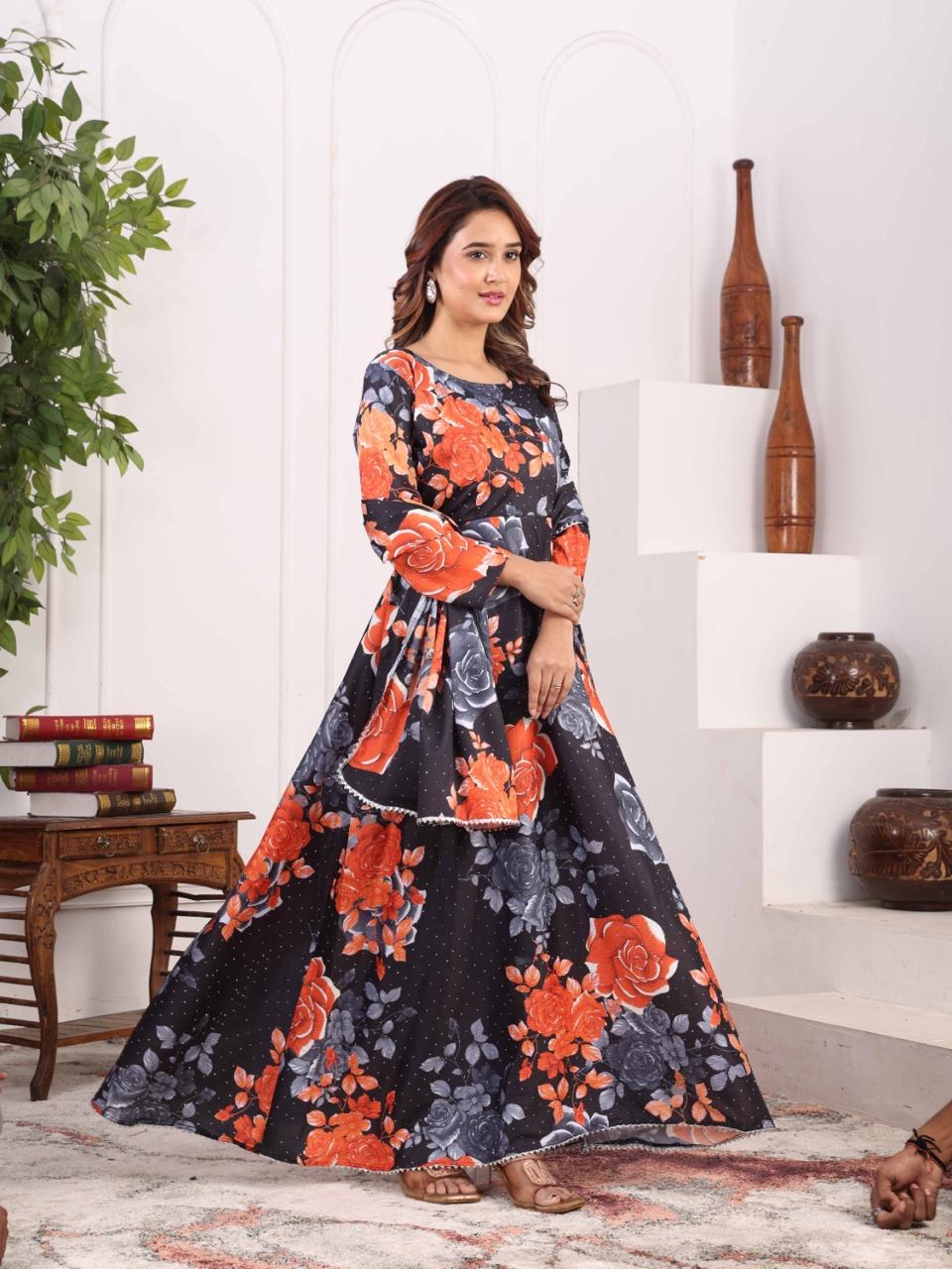 Midnight Bloom Floral Anarkali Gown for Women