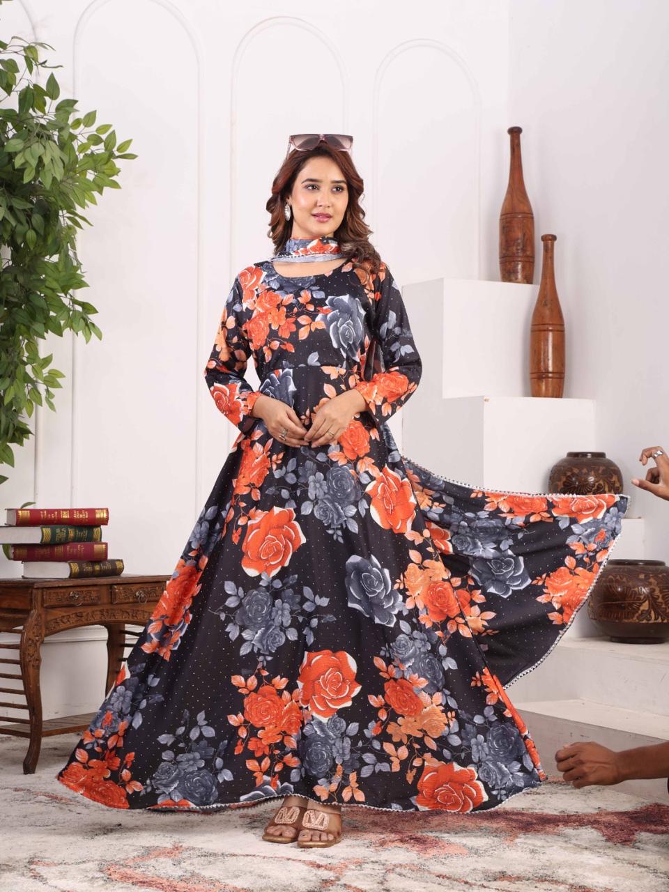 Midnight Bloom Floral Anarkali Gown for Women